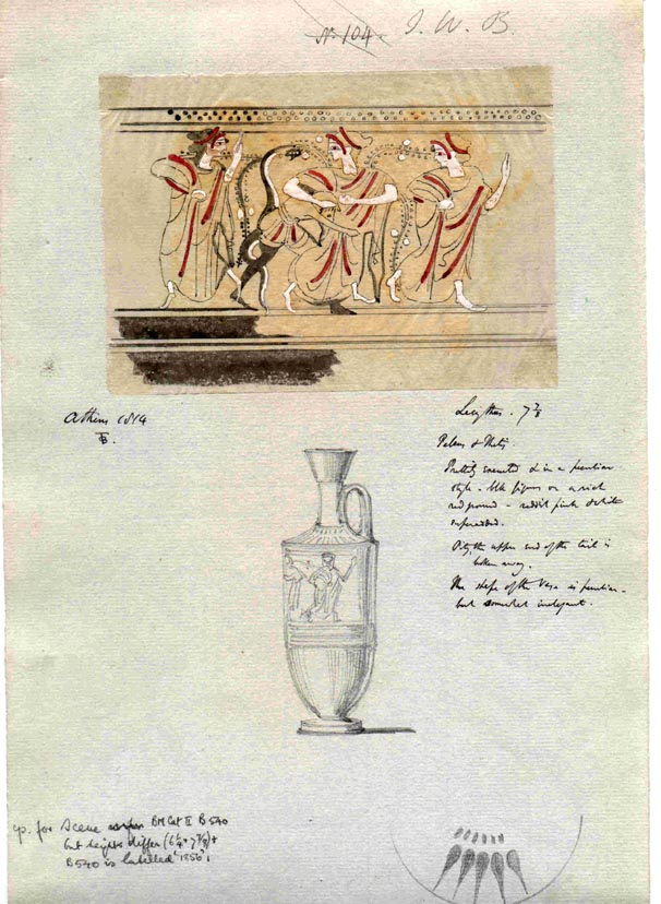 (104 maybe) Sketch of lekythos and scene of four figures, Athens 1814